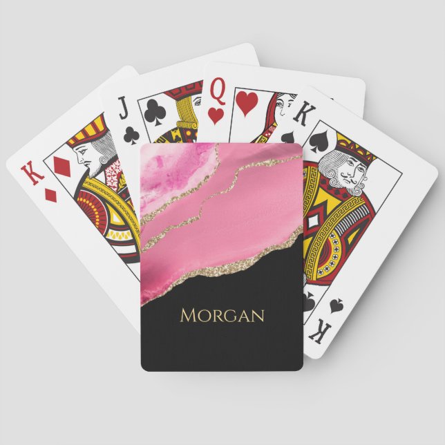 Gold Glitter & Name, Pink Agate on Black Poker Cards (Back)