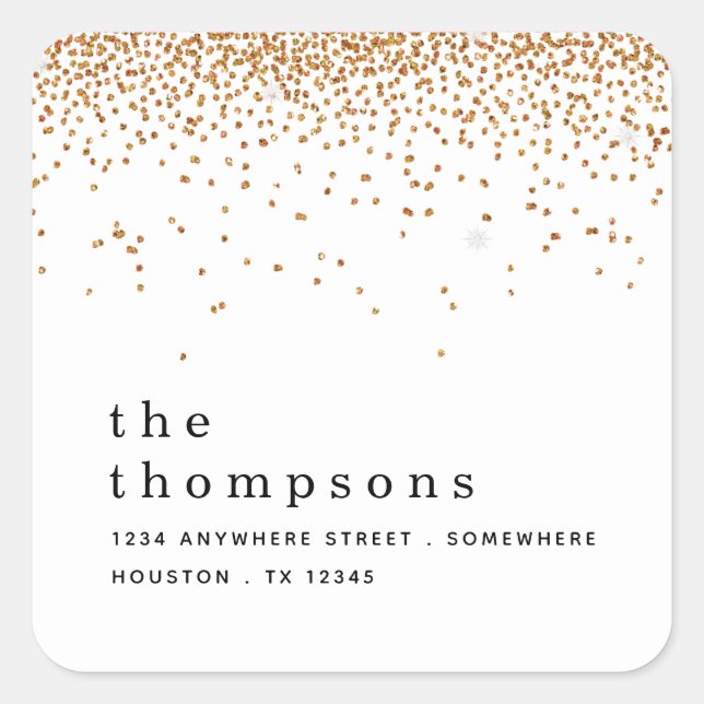 Gold Glitter Name Return Address Christmas Square Sticker (Front)