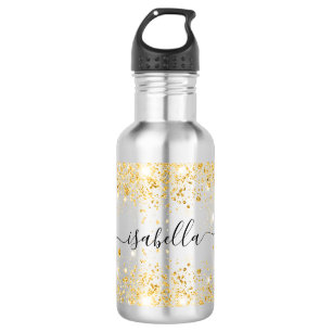 Gold glitter name script elegant stainless steel water bottle