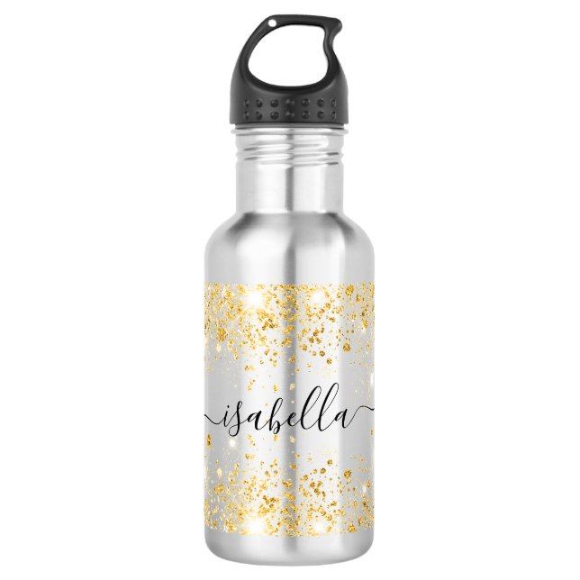 Gold glitter name script elegant stainless steel water bottle (Front)