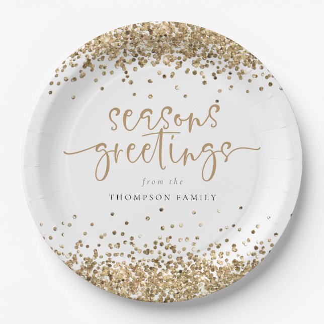 Gold Glitter Name Seasons Greetings Christmas  Paper Plates (Front)