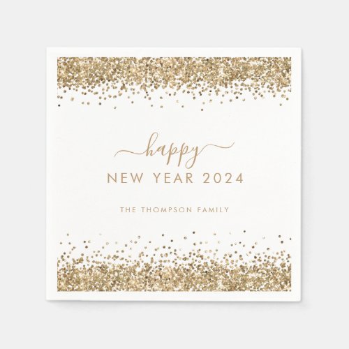 Gold Glitter Name White Happy New Year 2024 Napkins