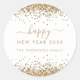 Gold Glitter Name White Happy New Year 2026 Classic Round Sticker