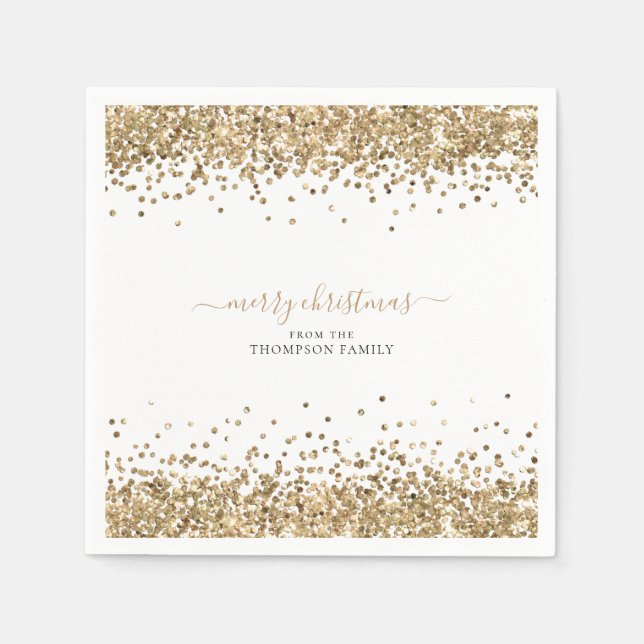 Gold Glitter Name White Merry Christmas Napkins (Front)