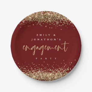 Gold Glitter Names Burgundy Engagement Party Paper Plates