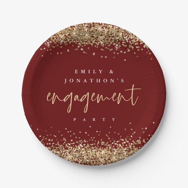 Gold Glitter Names Burgundy Engagement Party Paper Plates (Front)