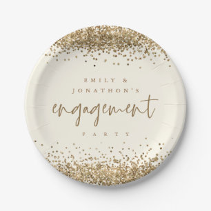 Gold Glitter Names Cream Engagement Party Paper Plates