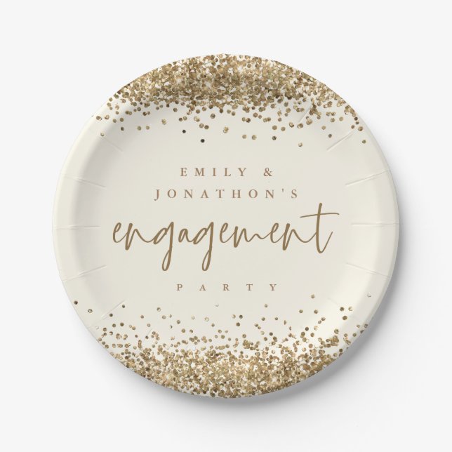 Gold Glitter Names Cream Engagement Party Paper Plates (Front)