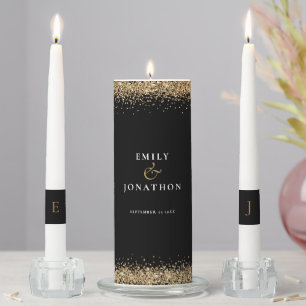 Gold Glitter Names Date Initials Wedding Black Unity Candle Set