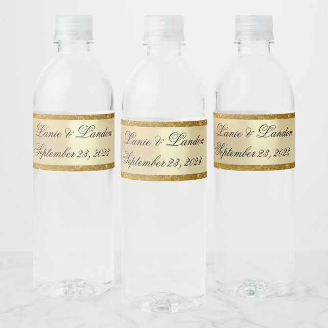 Gold Glitter Names Script Customized Wedding  Water Bottle Label (Bottles)