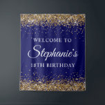 Gold Glitter Navy Blue 18th Birthday Party Welcome Tapestry<br><div class="desc">A modern elegant calligraphy with a modern all caps style font in white. Create your own 18th birthday milestone birthday party celebration welcome tapestry backdrop for your friend. The background features faux sparkly gold glitter digital art graphics that prints like a photo over a solid dark navy blue color background....</div>
