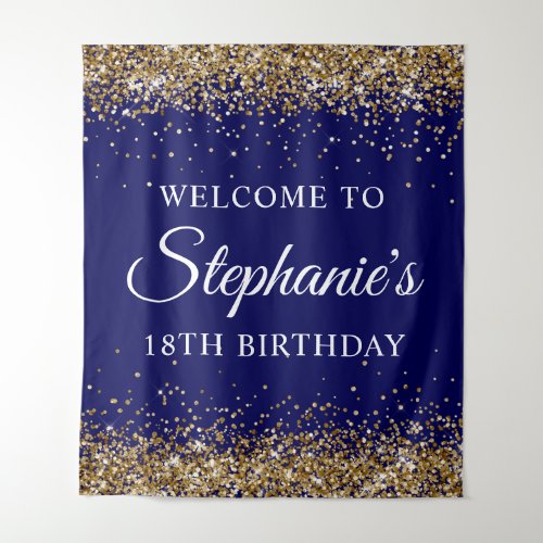 Gold Glitter Navy Blue 18th Birthday Party Welcome Tapestry