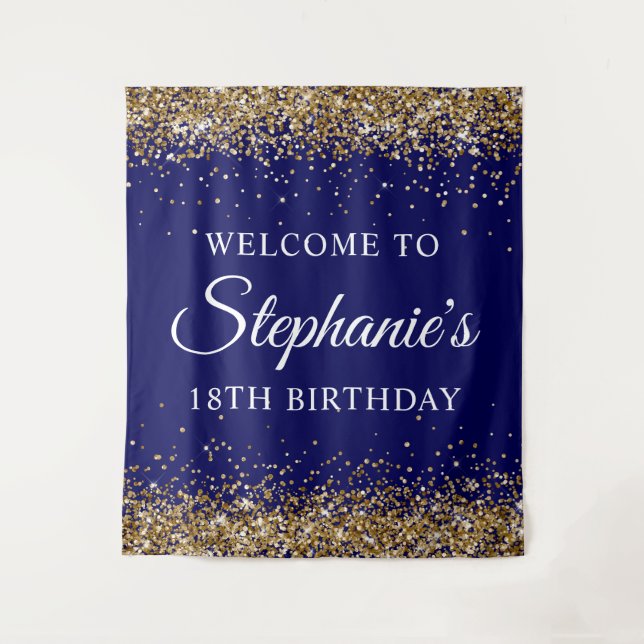 Gold Glitter Navy Blue 18th Birthday Party Welcome Tapestry (Front)