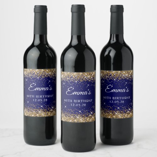 Gold Glitter Navy Blue 60th Birthday Wine Label