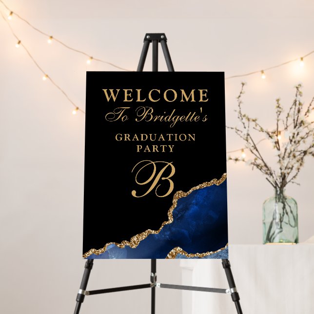 Gold Glitter Navy Blue Agate Monogram Graduation Foam Board (In Situ (Stand))