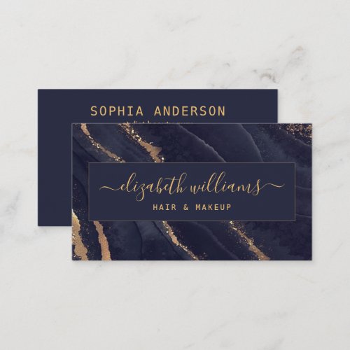 Gold Glitter Navy Blue Agate  Signature Script Bu Business Card