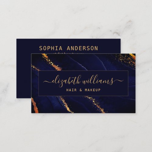 Gold Glitter Navy Blue Agate  Signature Script Business Card