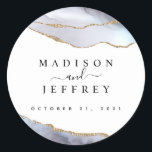 Gold Glitter & Navy Blue Agate Wedding Classic Round Sticker<br><div class="desc">I take pride in all my designs, If you have any questions, want custom changes made to the design, or want coordinating items to match & need me to create it, please contact Megan with Emma Sue Bow-tique directly at megan@emmasuebowtique.com . Zazzle is now offering digital files, however if you...</div>