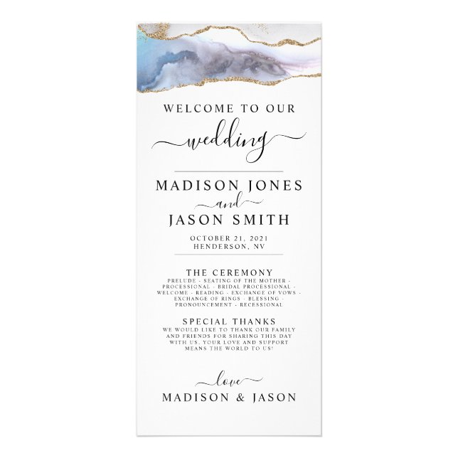 Gold Glitter & Navy Blue Agate Wedding Program (Front)