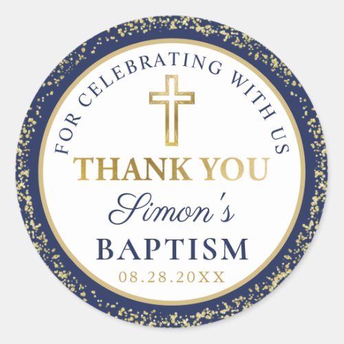 Gold Glitter Navy Blue Baptism Thank You Classic R Classic Round Sticker