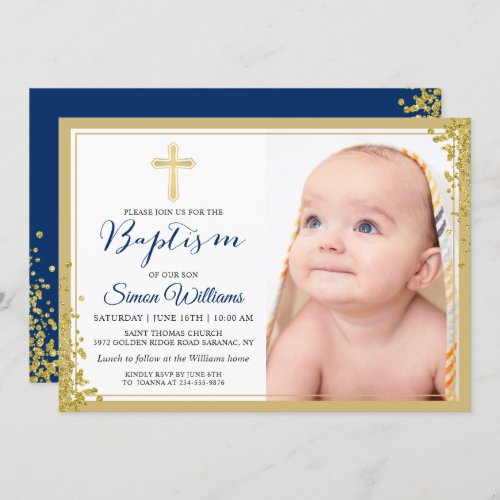 Gold Glitter Navy Blue Boy Baptism Photo Invitation