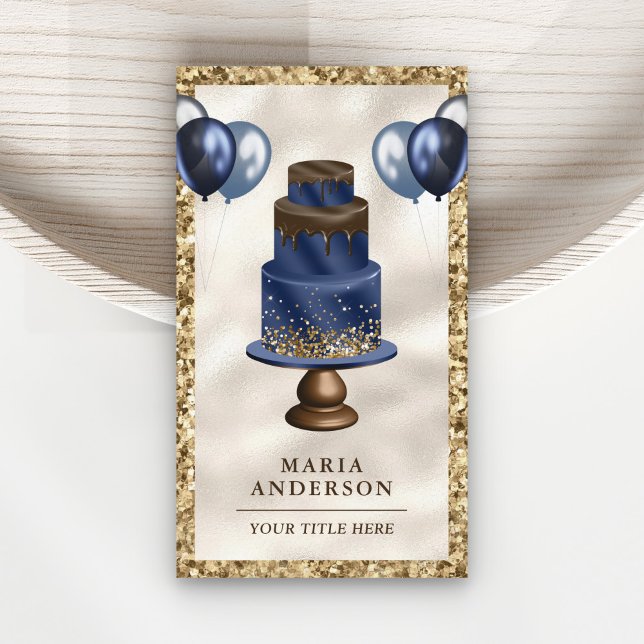 Gold Glitter Navy Blue Cake Balloons Event Planner Business Card (Creator Uploaded)