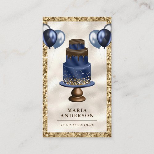 Gold Glitter Navy Blue Cake Balloons Event Planner Business Card