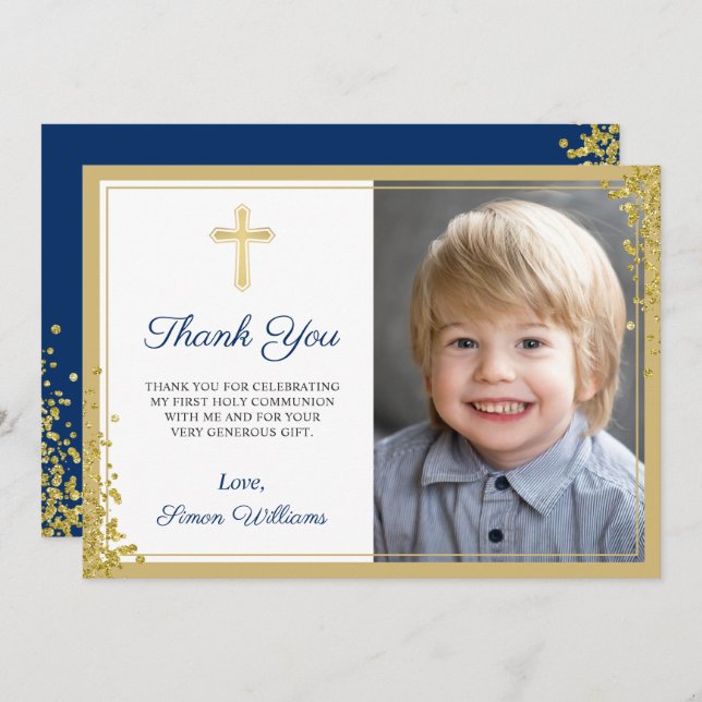 Gold Glitter Navy Blue Communion Thank you Card (Front/Back)