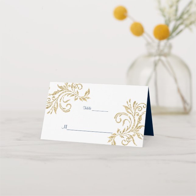 Gold Glitter,  Navy Blue, Custom Place Card (Front)