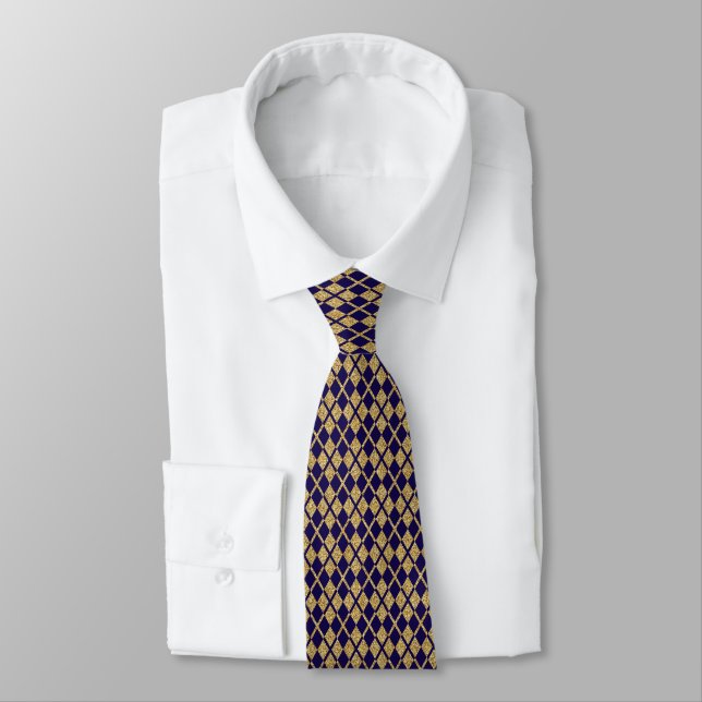 Gold Glitter Navy Blue Elegant Diamond Pattern Neck Tie (Tied)