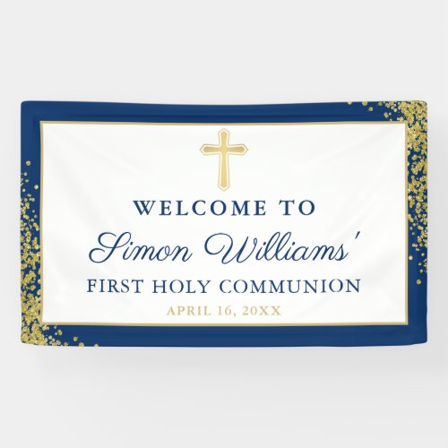 Gold Glitter Navy Blue First Holy Communion Banner