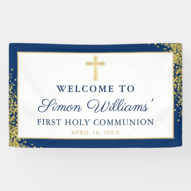 Gold Glitter Navy Blue First Holy Communion Banner (Horizontal)