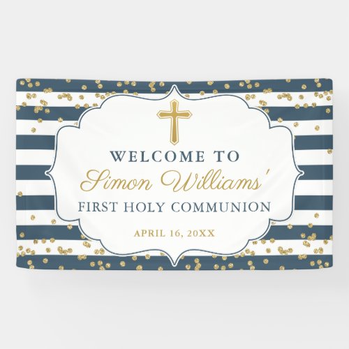 Gold Glitter Navy Blue First Holy Communion Banner