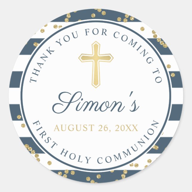 Gold Glitter Navy Blue First Holy Communion Classic Round Sticker (Front)
