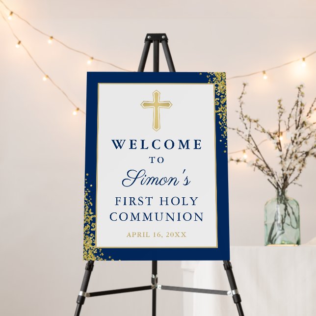 Gold Glitter Navy Blue First Holy Communion Foam Board (In Situ (Stand))