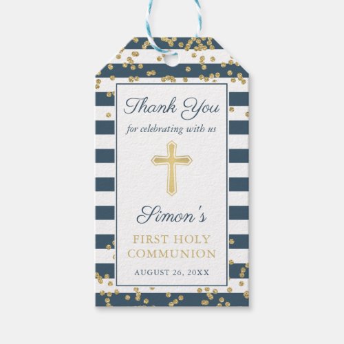 Gold Glitter Navy Blue First Holy Communion Gift Tags