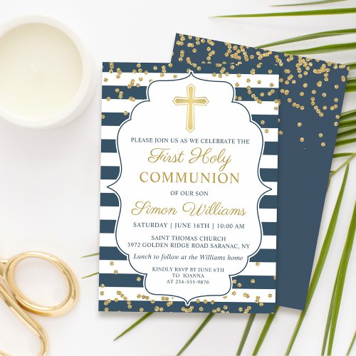 Gold Glitter Navy Blue First Holy Communion Invitation
