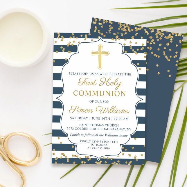 Gold Glitter Navy Blue First Holy Communion Invitation (Creator Uploaded)