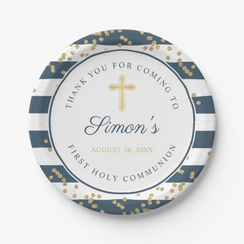 Gold Glitter Navy Blue First Holy Communion Paper Plates