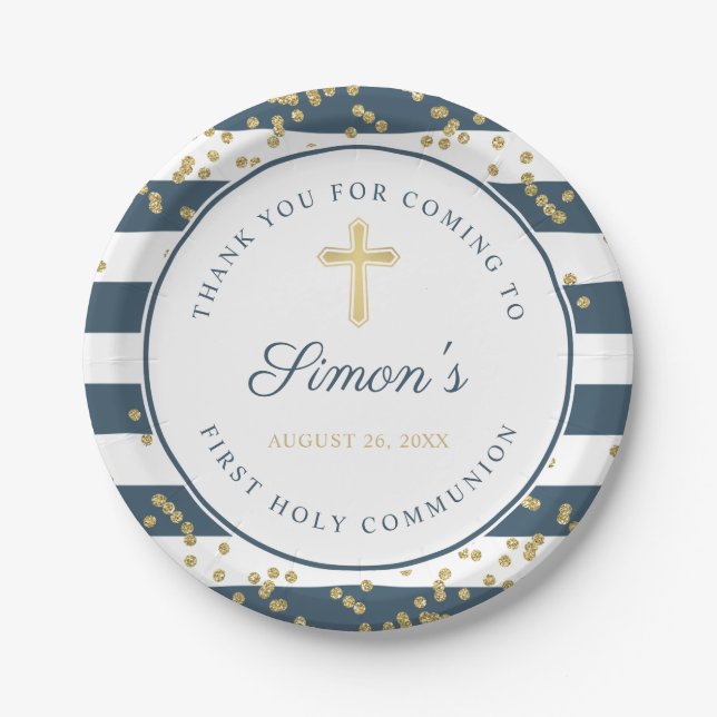 Gold Glitter Navy Blue First Holy Communion Paper Plates (Front)