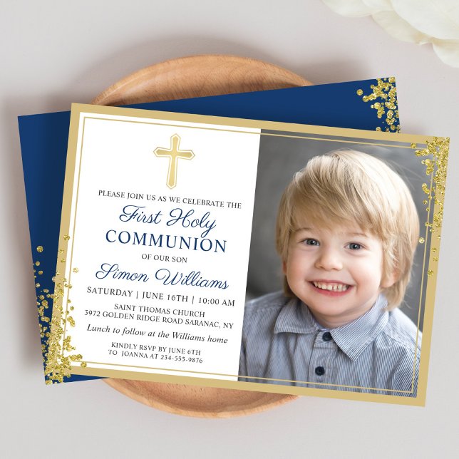 Gold Glitter Navy Blue First Holy Communion Photo Invitation (Creator Uploaded)
