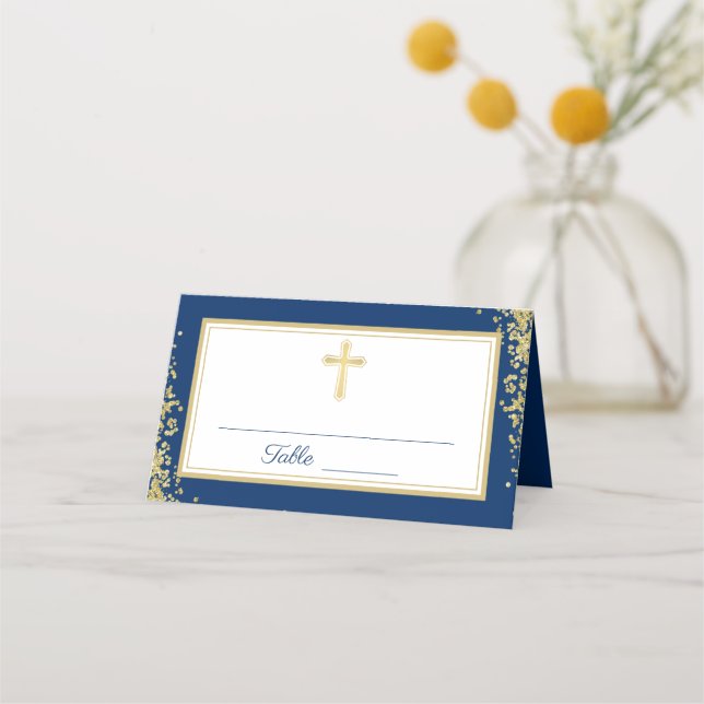 Gold Glitter Navy Blue First Holy Communion Place Card (Front)