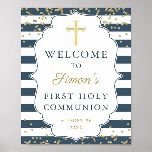 Gold Glitter Navy Blue First Holy Communion Poster