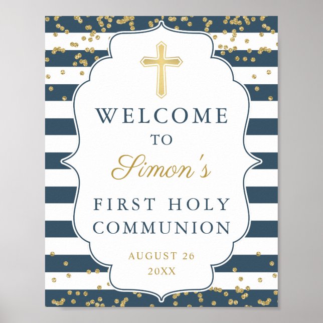 Gold Glitter Navy Blue First Holy Communion Poster (Front)