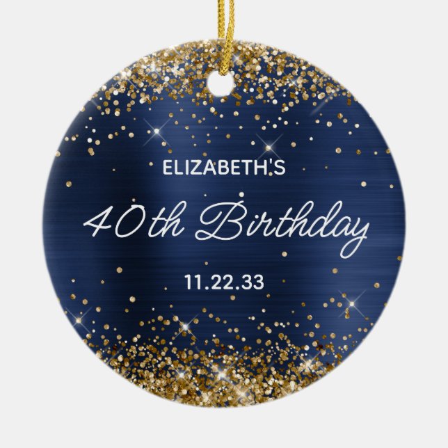 Gold Glitter Navy Blue Foil 40th Birthday Photo Ceramic Ornament (Front)