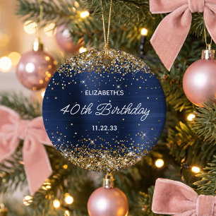 Gold Glitter Navy Blue Foil 40th Birthday Photo Ceramic Ornament