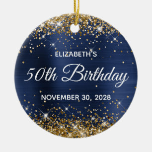 Gold Glitter Navy Blue Foil 50th Birthday Photo Ceramic Ornament