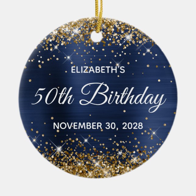 Gold Glitter Navy Blue Foil 50th Birthday Photo Ceramic Ornament (Front)