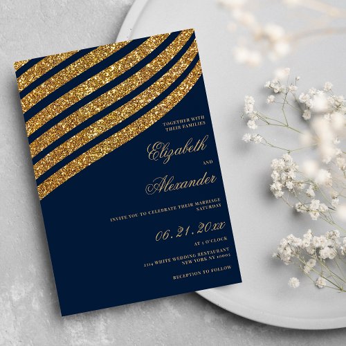 Gold glitter navy blue geometric abstract wedding invitation