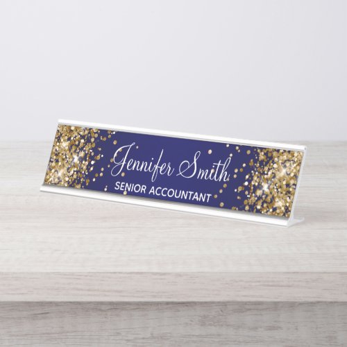 Gold Glitter Navy Blue Gradient Desk Name Plate